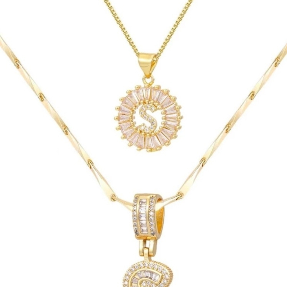 Gold Initial 'S' Pendant Necklace with Pink Accent Stones